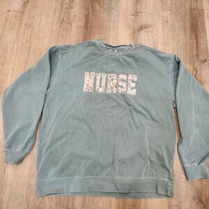 Custom Embroidered Nurse Sweatshirt, Womens XL, Comfort Colors Teal, Handmade
